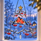 Bullfinch Pair Rowan Berry Christmas Tree Holographic Acrylic Suncatcher