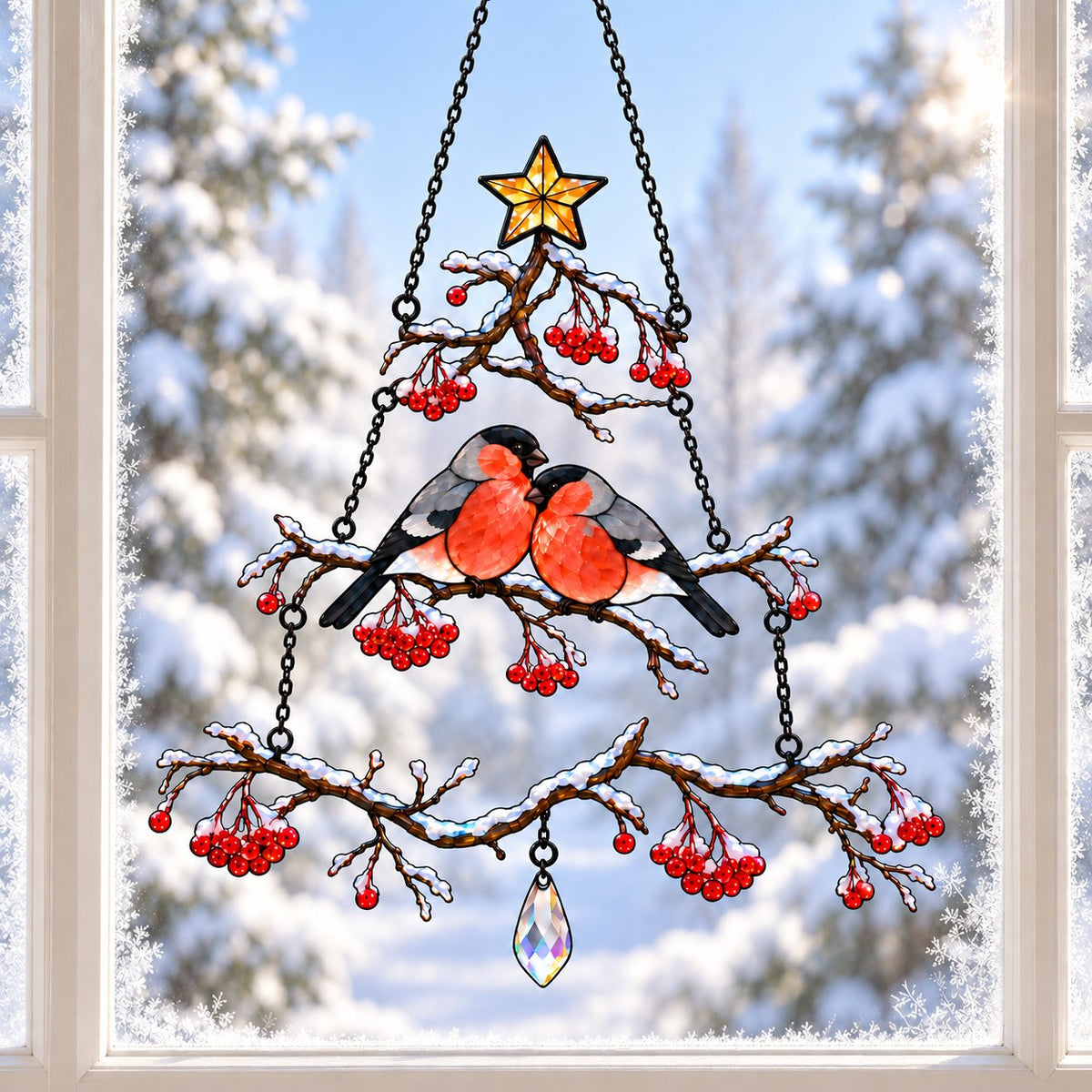 Bullfinch Pair Rowan Berry Christmas Tree Holographic Acrylic Suncatcher