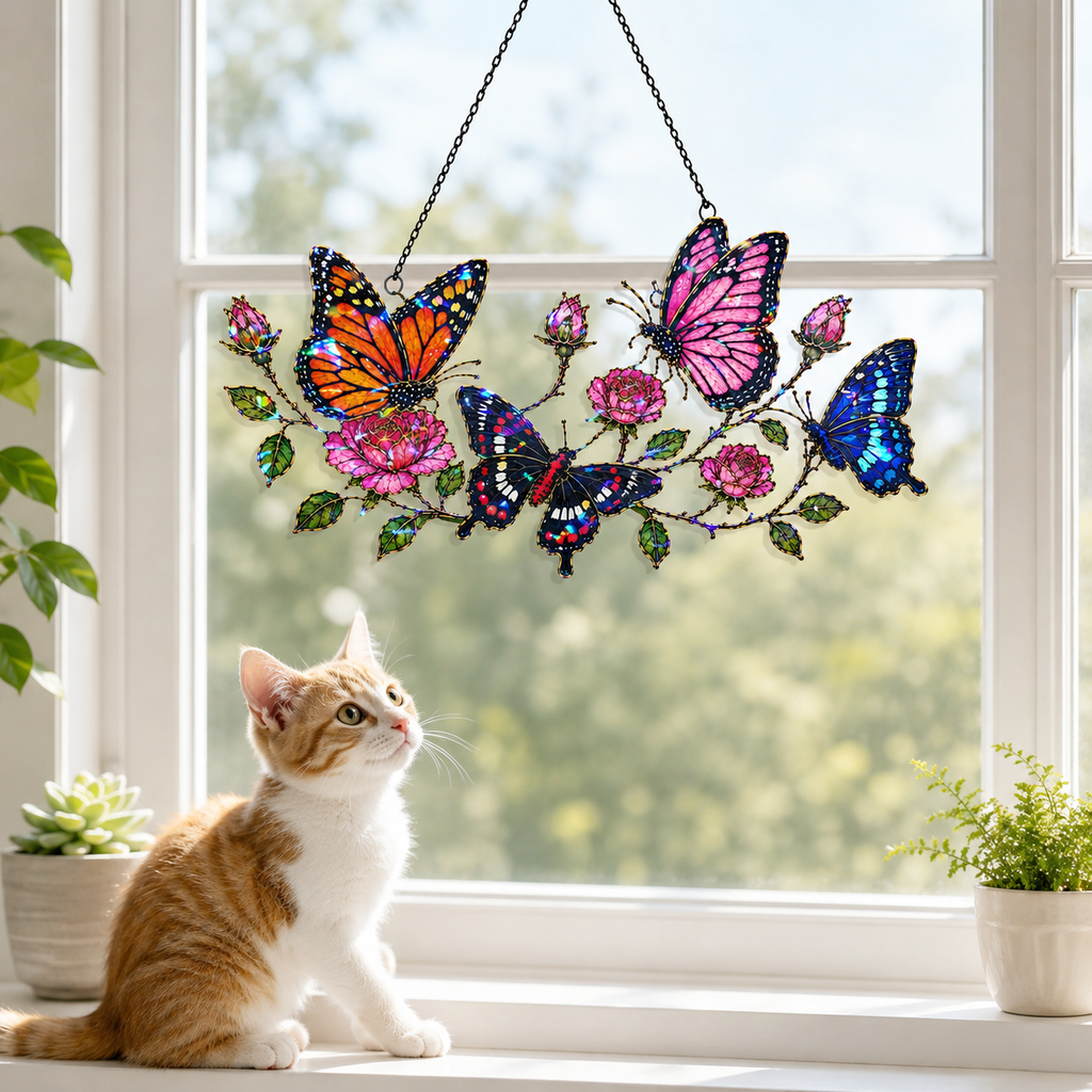 Butterfly garden and roses acrylic suncatcher available in 6, 8, 10 and 12 inch sizes