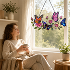 Butterfly garden and roses holographic suncatcher displayed indoors as a nature-inspired window hanging