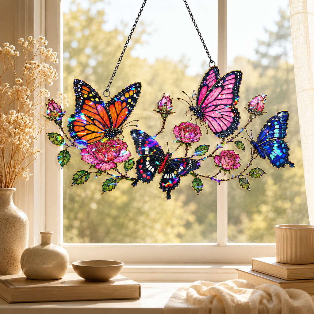 Butterfly garden and roses holographic acrylic suncatcher with rainbow broken-glass hologram finish, hanging window ornament