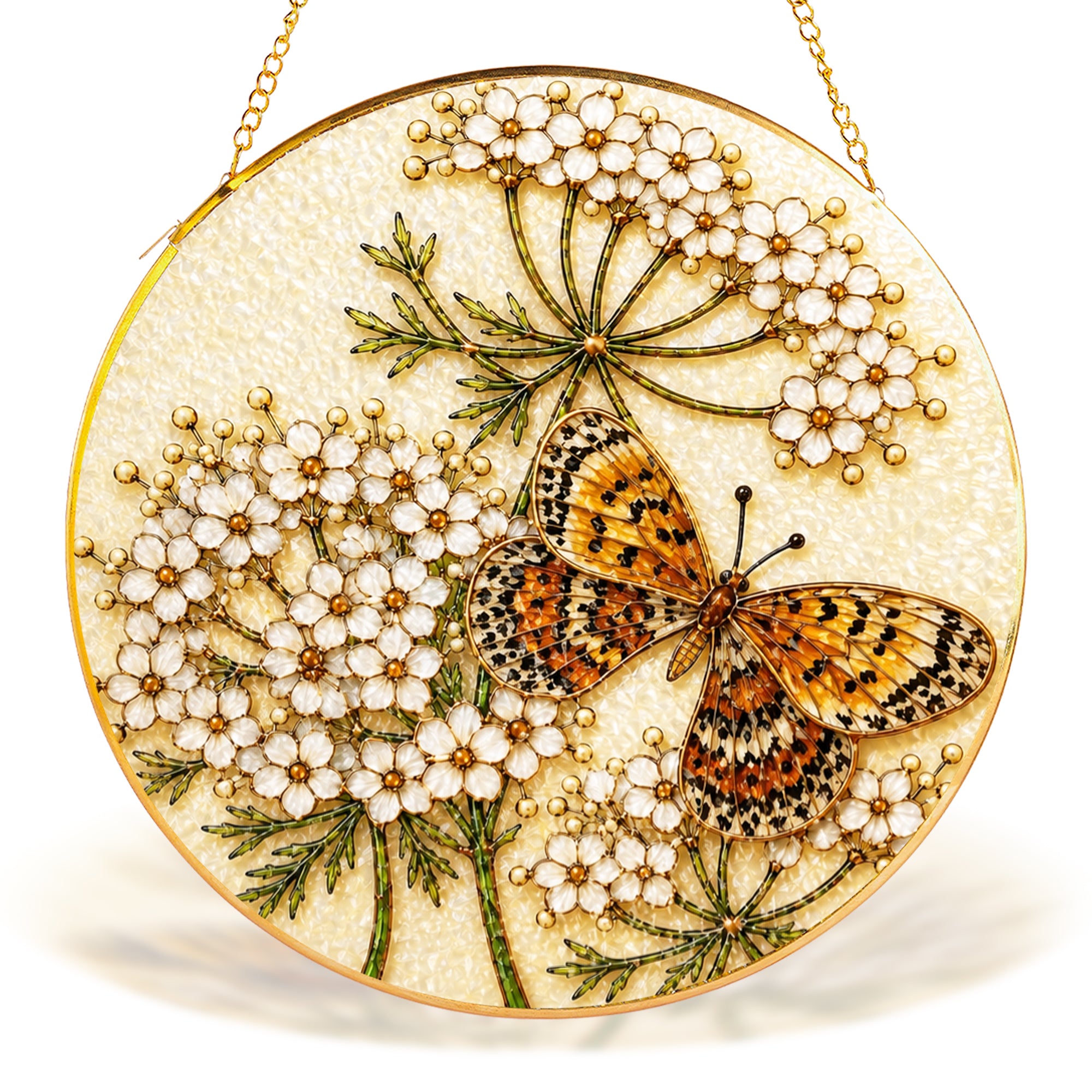 Butterfly white flowers gold frame suncatcher in a sunny window