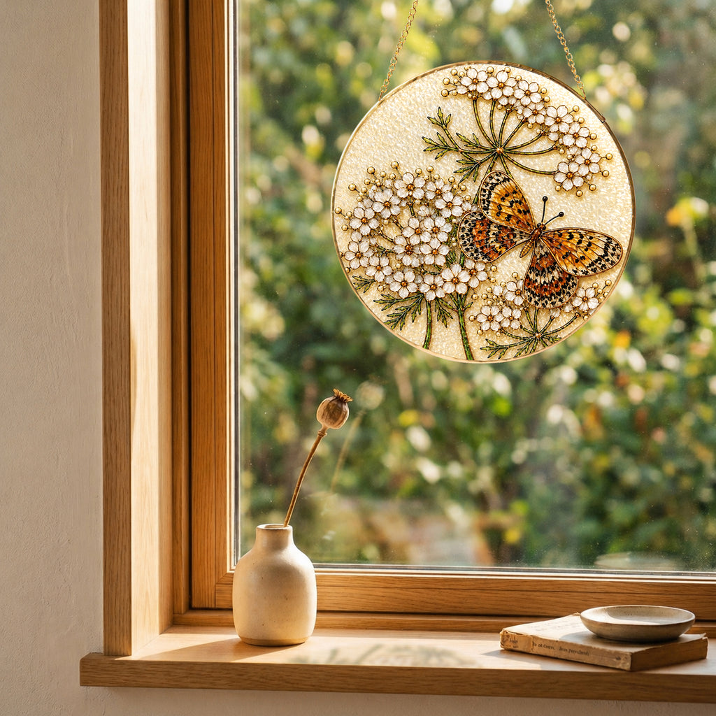 Butterfly white flowers suncatcher in a bright window
