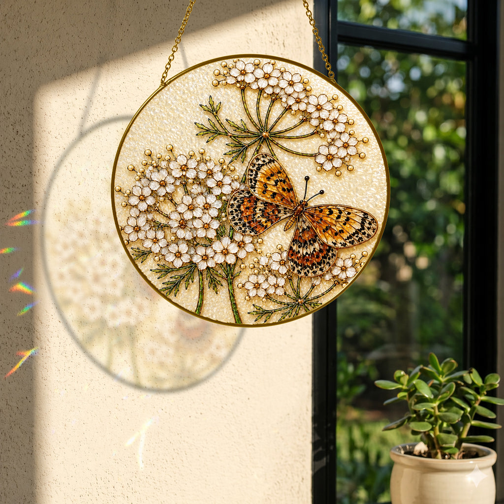 Butterfly white flowers suncatcher with colorful light reflection