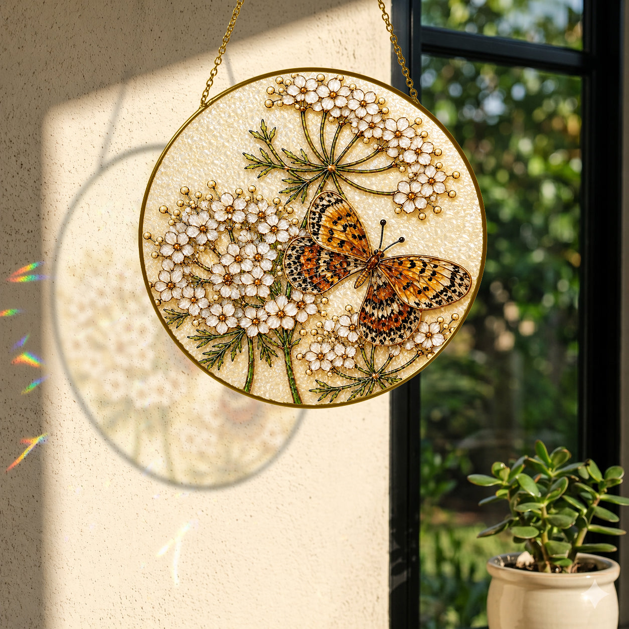 Butterfly white flowers suncatcher with colorful light reflection