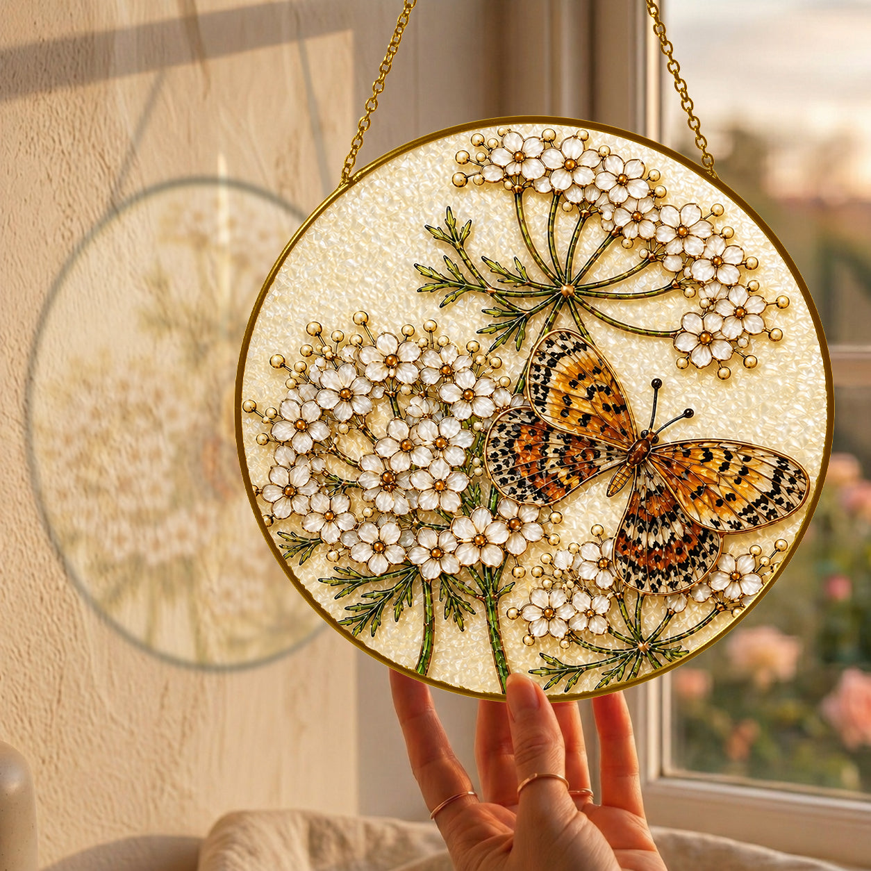 Butterfly white flowers suncatcher size chart with 3.5, 4, 6, 7.8, 9.8, and 11.8 inch options