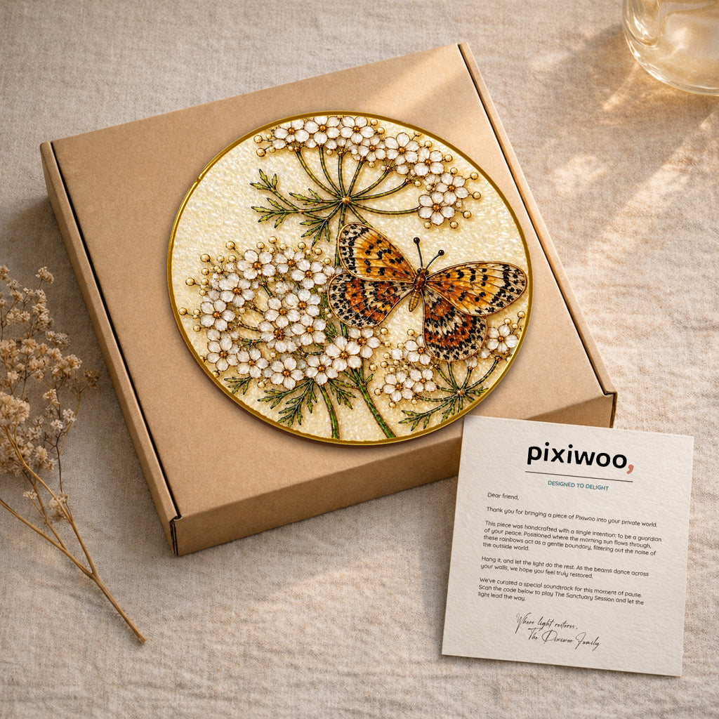 Butterfly white flowers stained glass suncatcher on Pixiwoo gift packaging