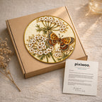 Butterfly white flowers stained glass suncatcher on Pixiwoo gift packaging