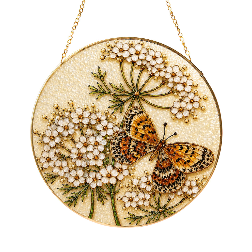 Butterfly white flowers gold frame suncatcher product view