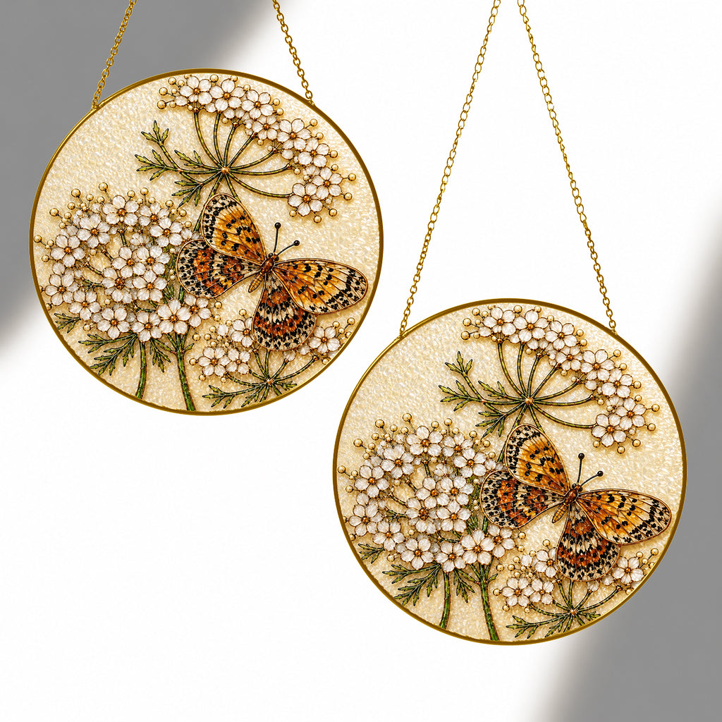 Butterfly white flowers suncatcher shown in two sizes