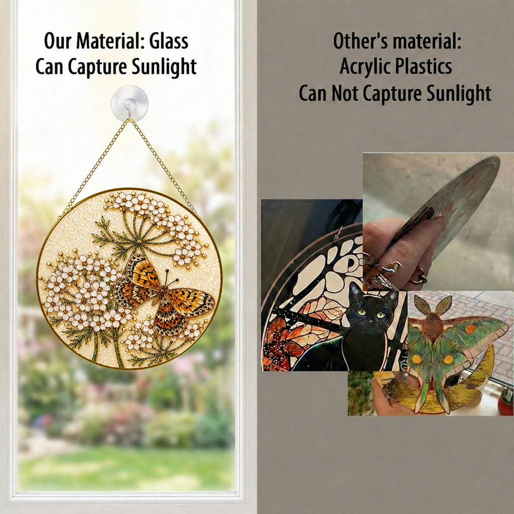 Real glass butterfly suncatcher compared with acrylic, glass captures sunlight