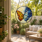 Stained glass butterfly decoration hanging by a window with a garden view.