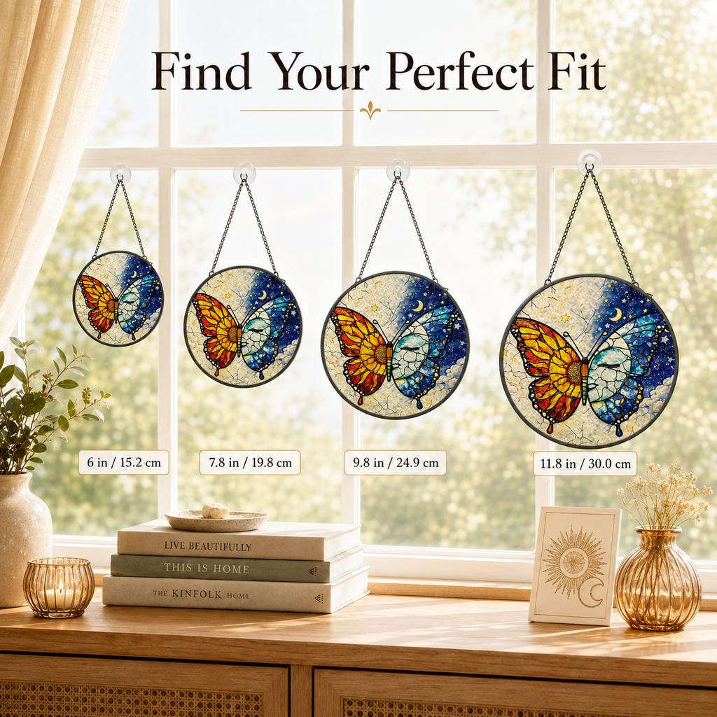 Four butterfly-themed circular decorations of different sizes hanging on a window sill.