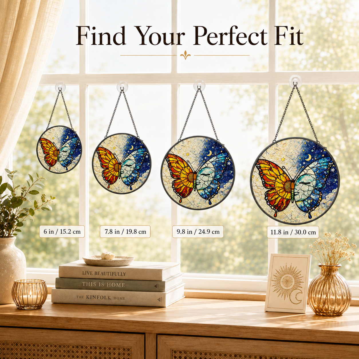 Four butterfly-themed circular decorations of different sizes hanging on a window sill.