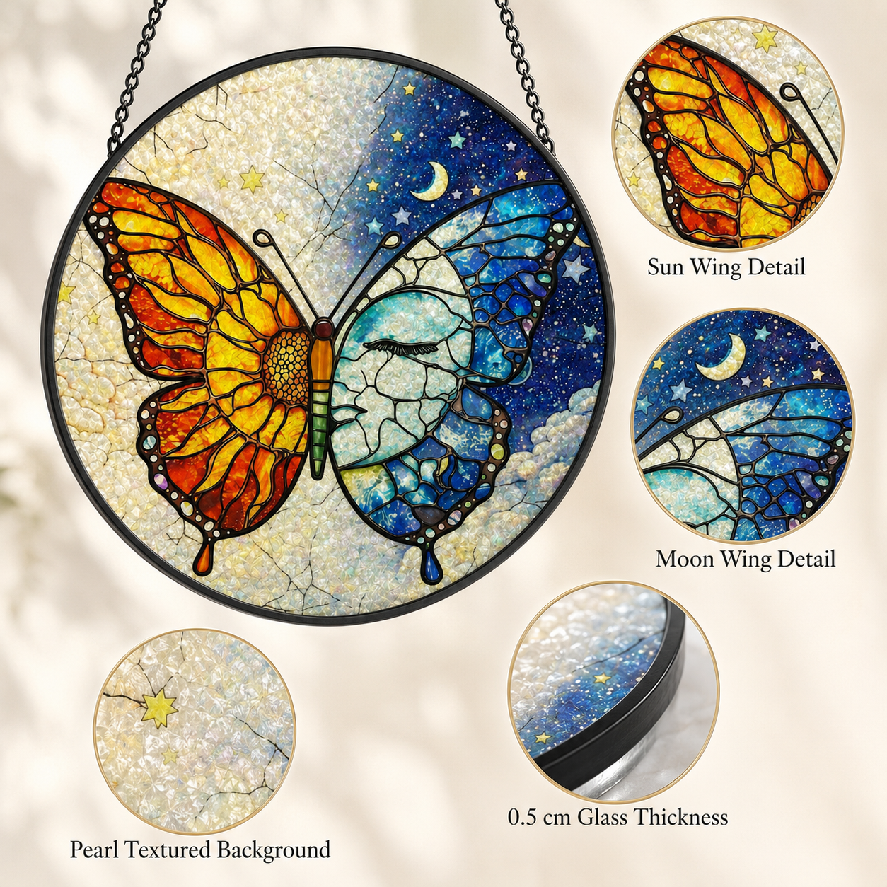 Stained glass butterfly with close-up details on a textured background