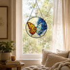 Stained glass butterfly hanging on a window with a cozy living room setting.