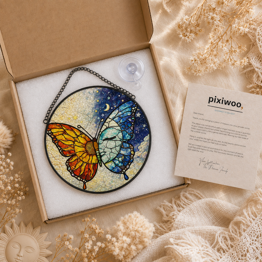 Stained glass butterfly artwork in a box with 'pixiwoo' documentation, surrounded by dried flowers.