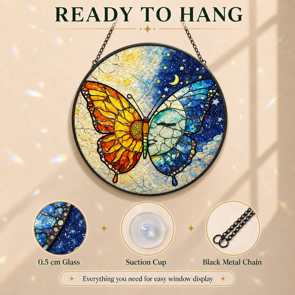 Butterfly-shaped stained glass panel with hanging components on a beige background