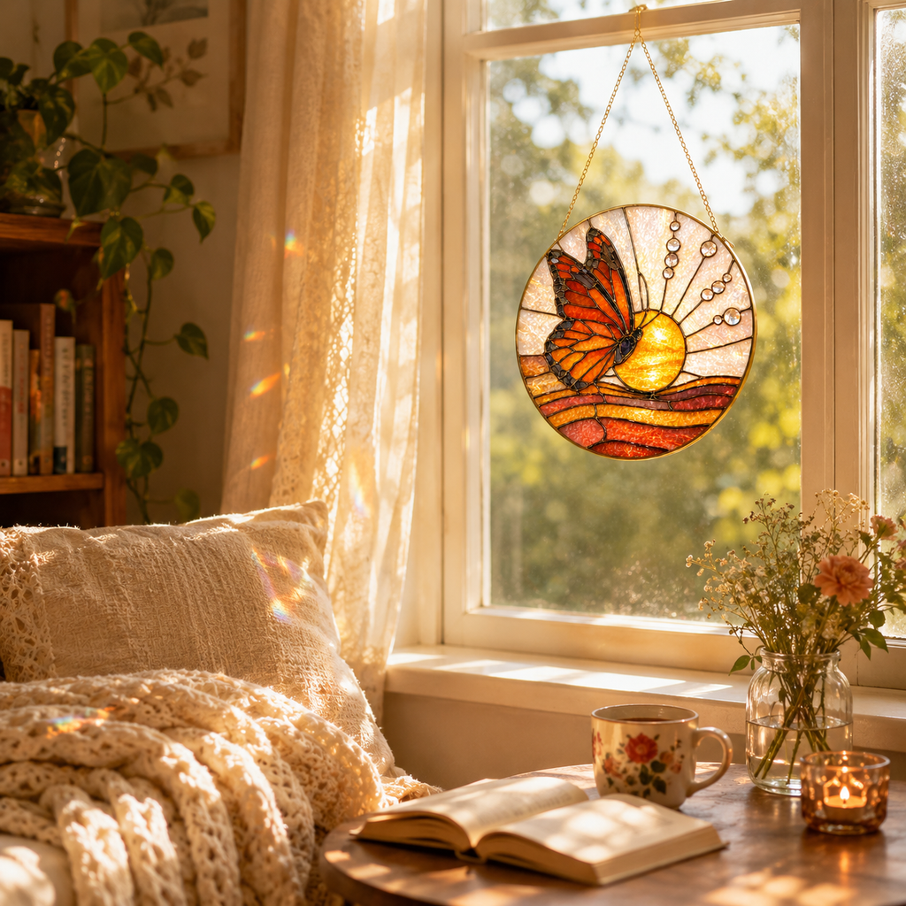 Cozy living room with a stained glass butterfly decoration on a window, book, mug, and flowers on a table.