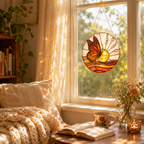 Cozy living room with a stained glass butterfly decoration on a window, book, mug, and flowers on a table.
