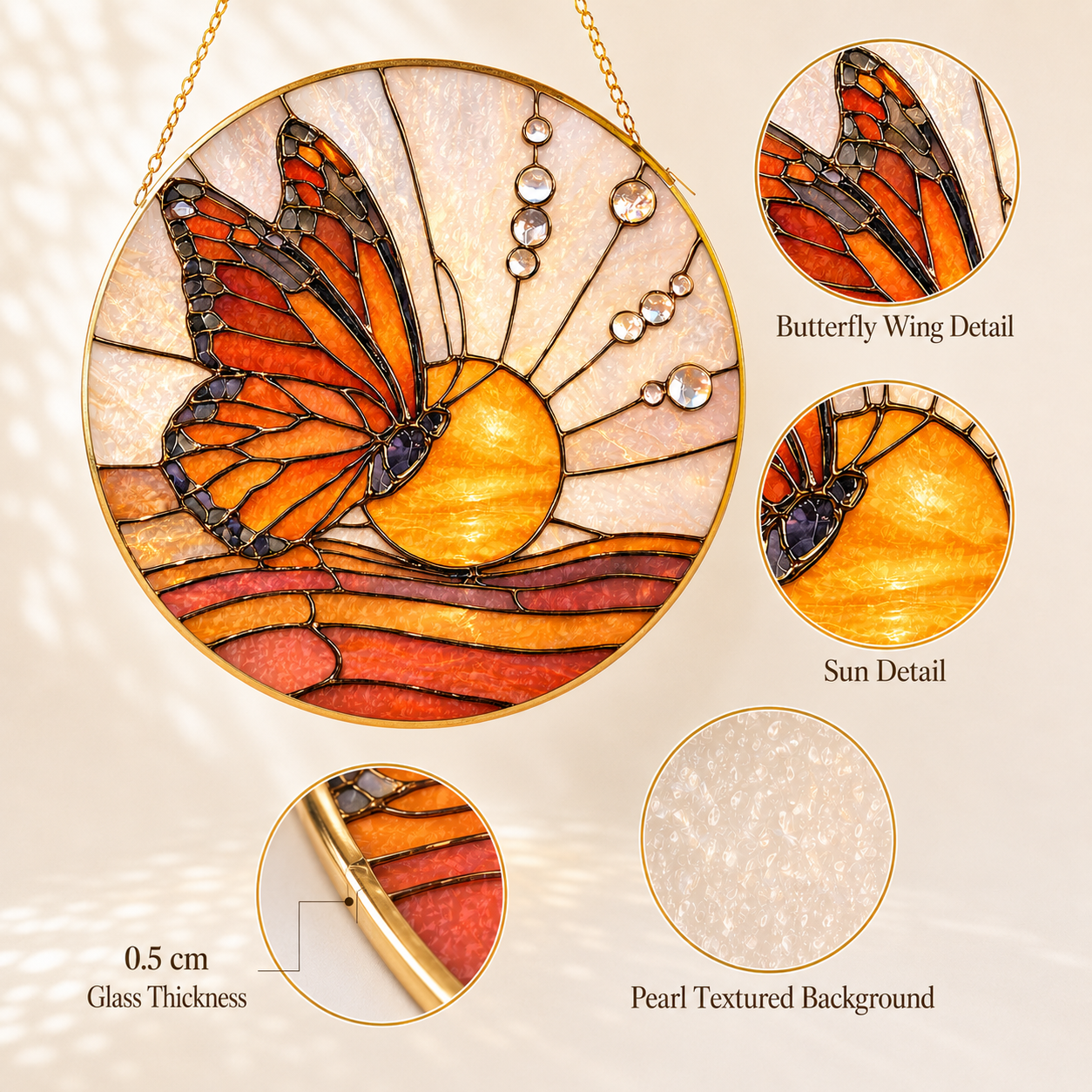 Stained glass panel with butterfly and sun design, showing close-up details and measurements.