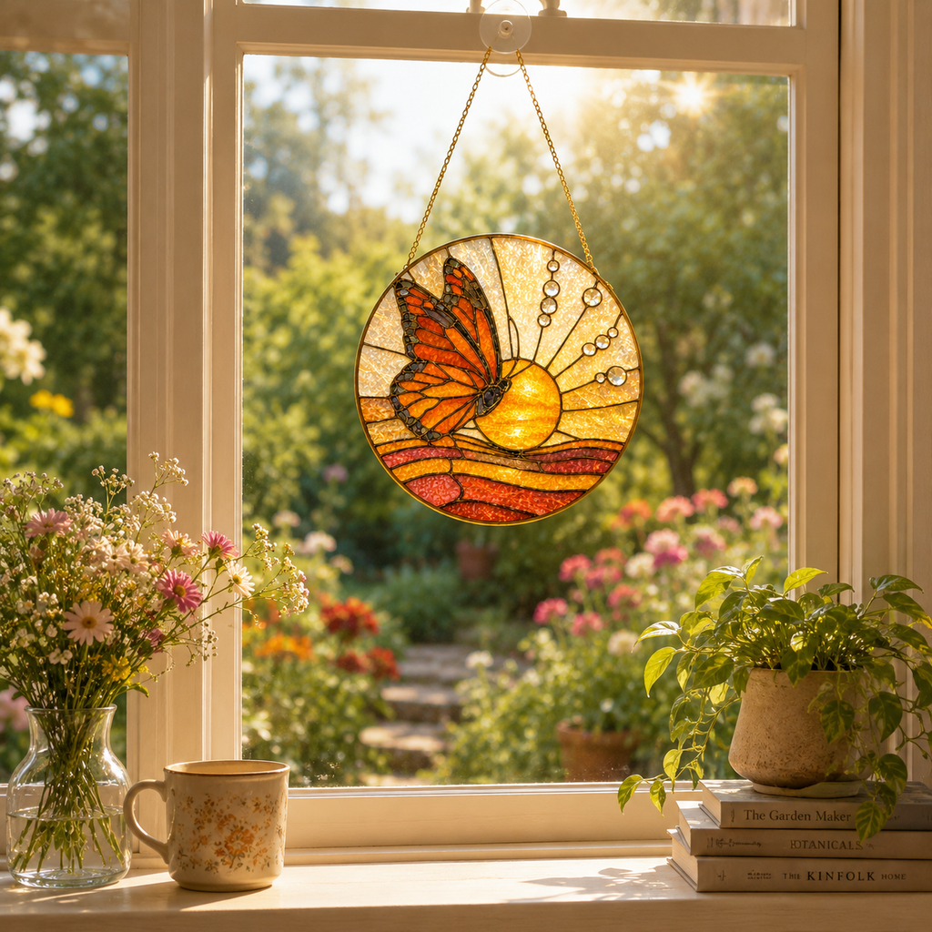 Stained glass butterfly sun catcher on a windowsill with a view of a garden.
