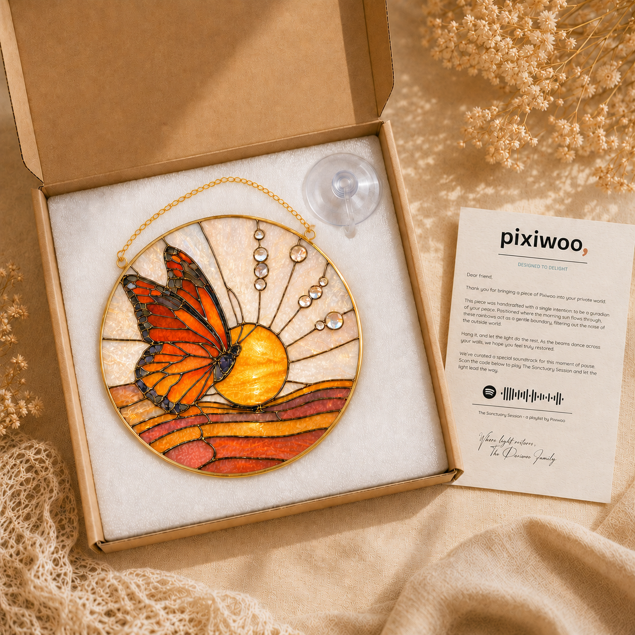 Decorative wall hanging with butterfly design in a 'pixiwoo' box on a textured surface.