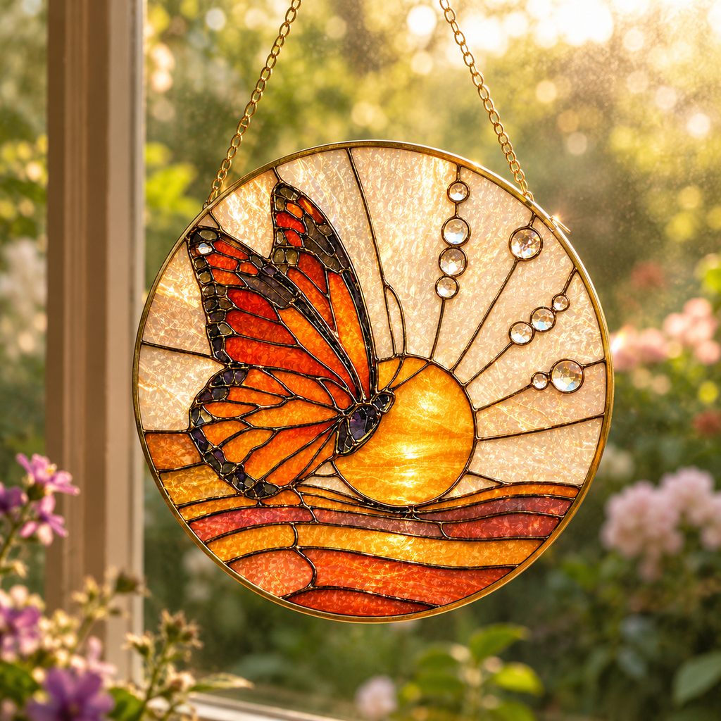 Stained glass butterfly artwork hanging in front of a window with flowers in the background