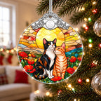 Calico and Tabby Cat Couple Poppy Sunset Glass Christmas Ornament