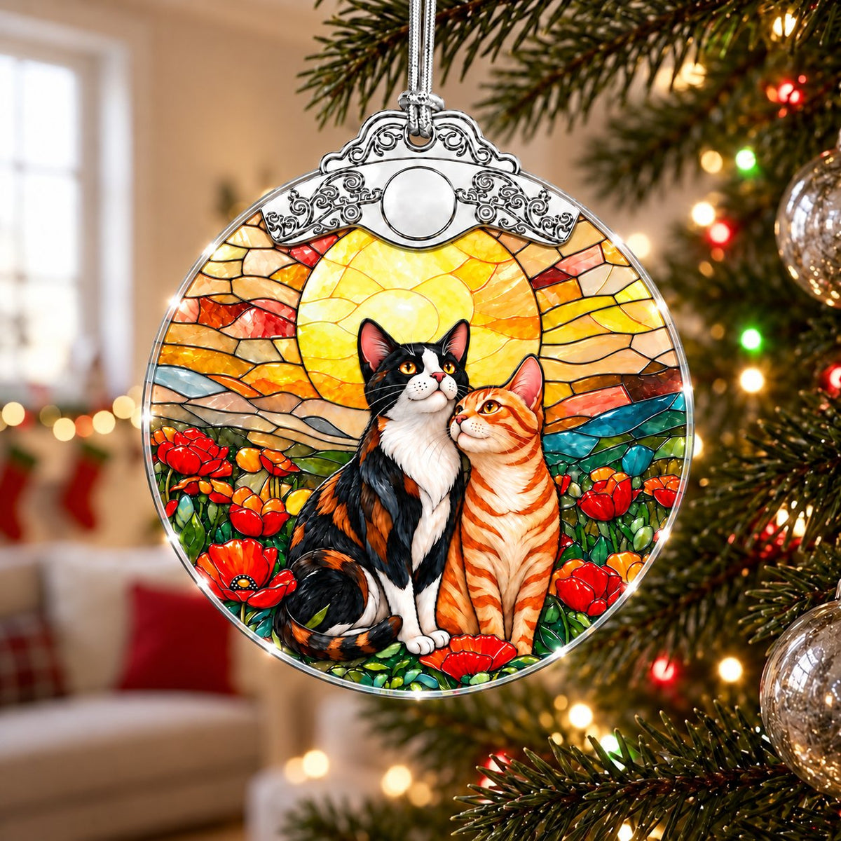 Calico and Tabby Cat Couple Poppy Sunset Glass Christmas Ornament