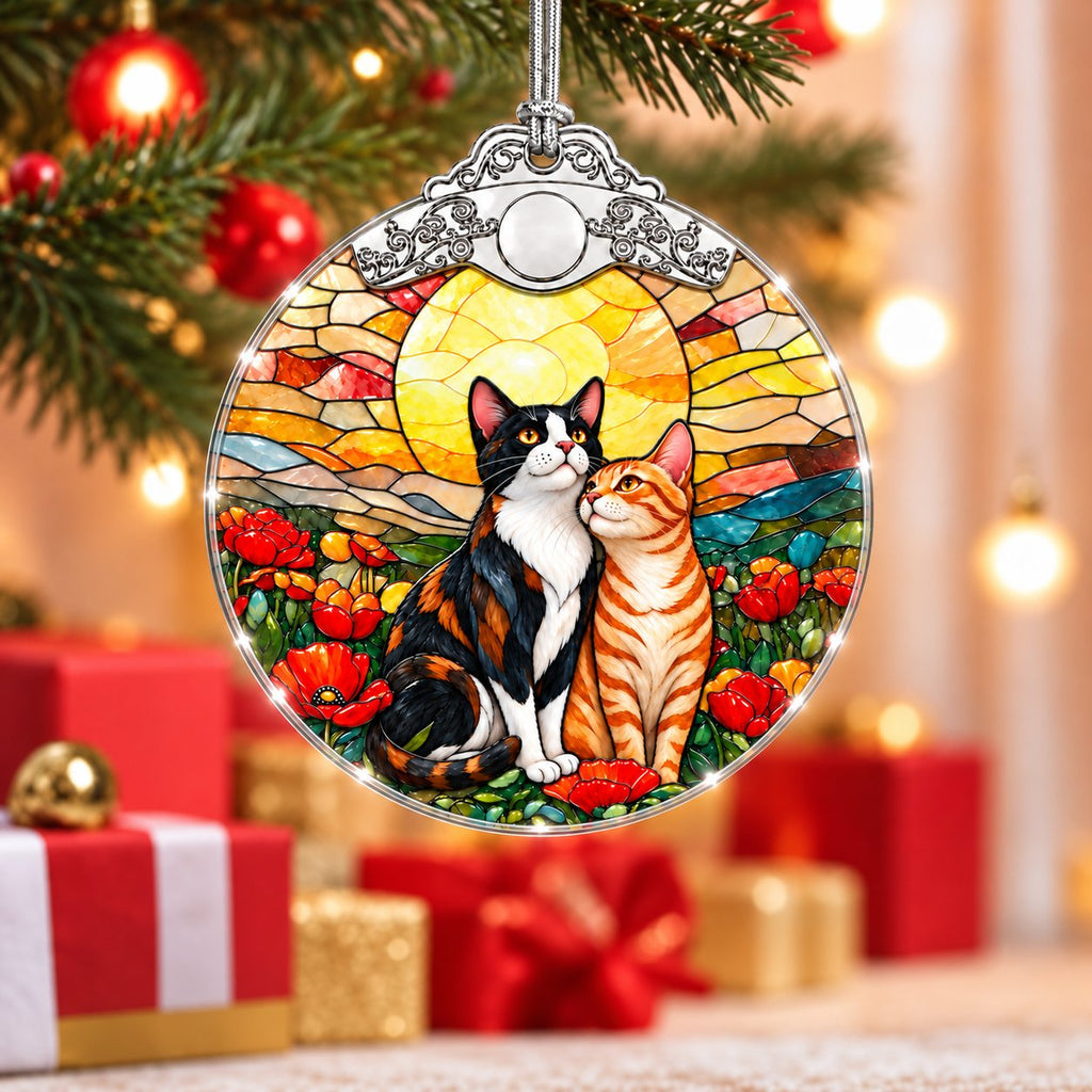 Calico and Tabby Cat Couple Poppy Sunset Glass Christmas Ornament