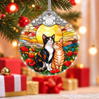 Calico and Tabby Cat Couple Poppy Sunset Glass Christmas Ornament