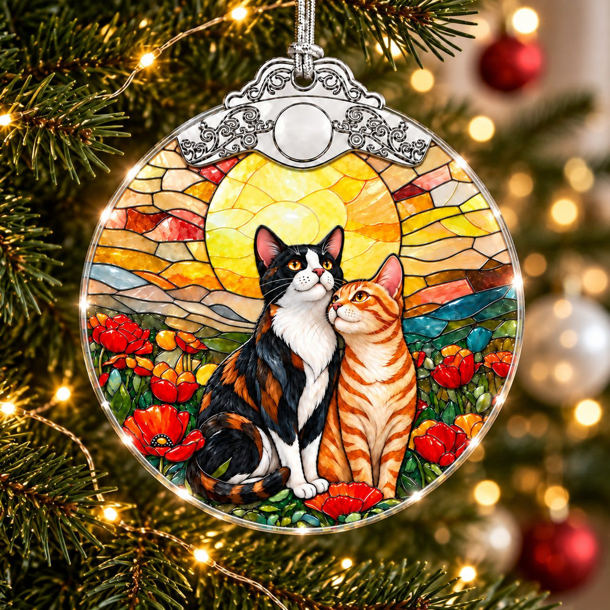 Calico and Tabby Cat Couple Poppy Sunset Glass Christmas Ornament
