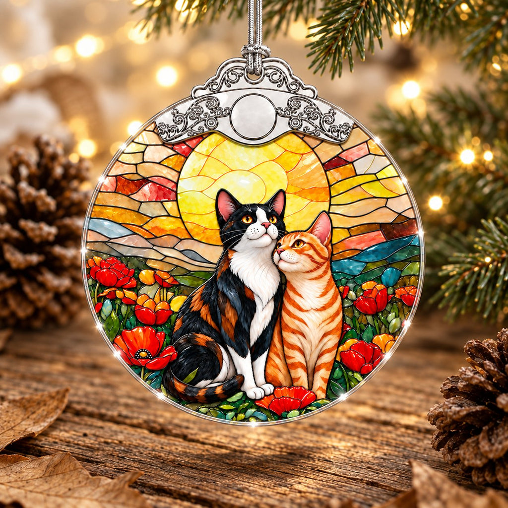 Calico and Tabby Cat Couple Poppy Sunset Glass Christmas Ornament