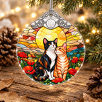 Calico and Tabby Cat Couple Poppy Sunset Glass Christmas Ornament