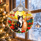 Calico and Tabby Cat Couple Poppy Sunset Glass Christmas Ornament