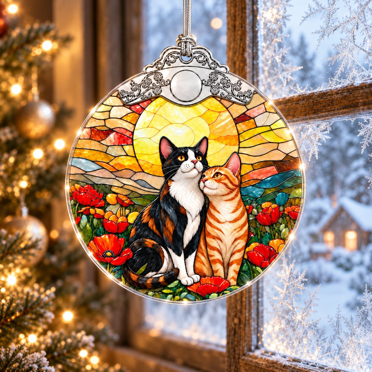 Calico and Tabby Cat Couple Poppy Sunset Glass Christmas Ornament
