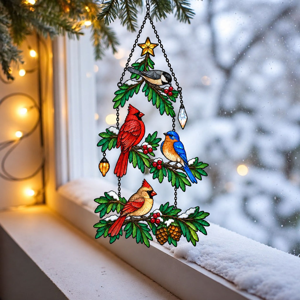 Cardinal & Bluebird Christmas Tree Holographic Acrylic Suncatcher
