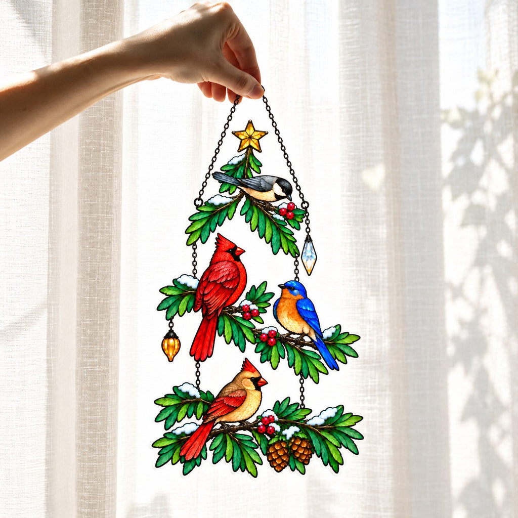 Cardinal & Bluebird Christmas Tree Holographic Acrylic Suncatcher