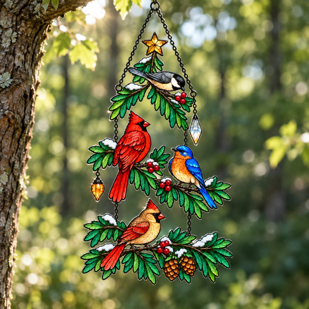 Cardinal & Bluebird Christmas Tree Holographic Acrylic Suncatcher
