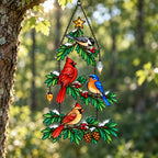 Cardinal & Bluebird Christmas Tree Holographic Acrylic Suncatcher