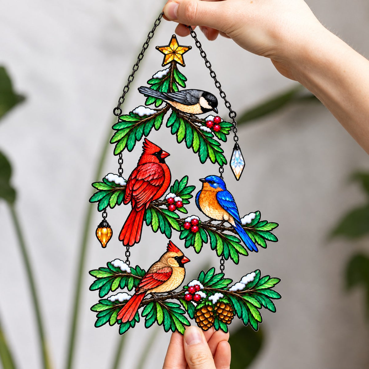 Cardinal & Bluebird Christmas Tree Holographic Acrylic Suncatcher
