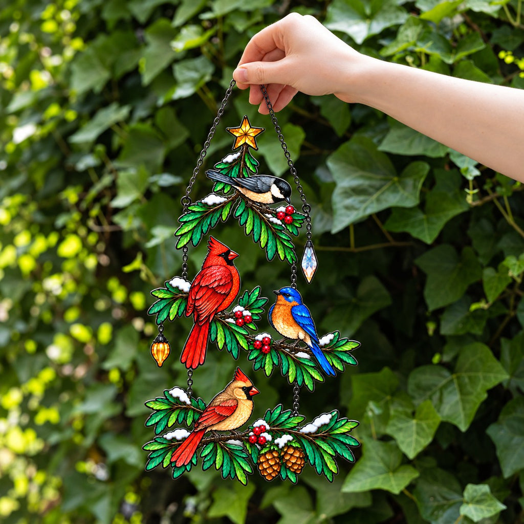 Cardinal & Bluebird Christmas Tree Holographic Acrylic Suncatcher