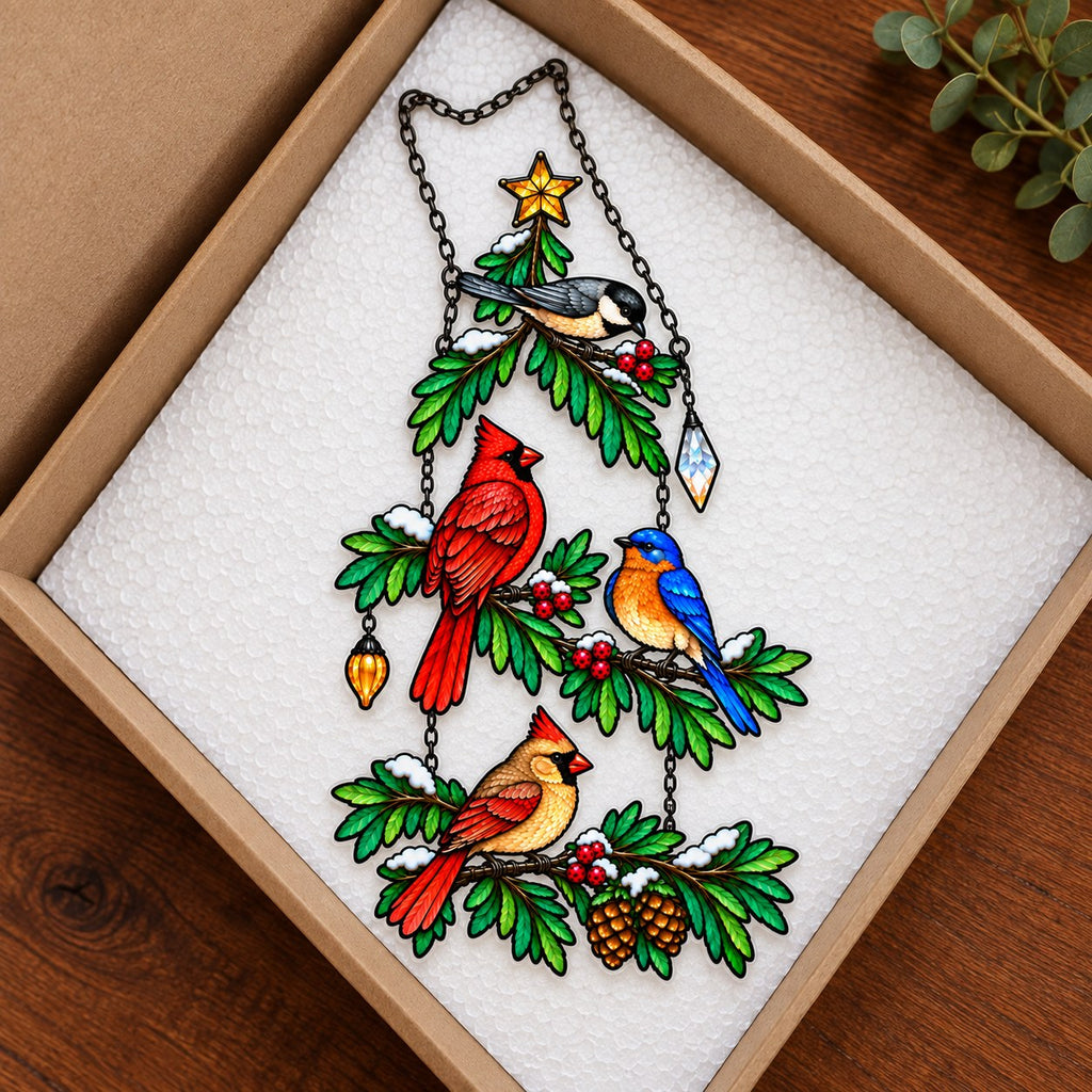 Cardinal & Bluebird Christmas Tree Holographic Acrylic Suncatcher