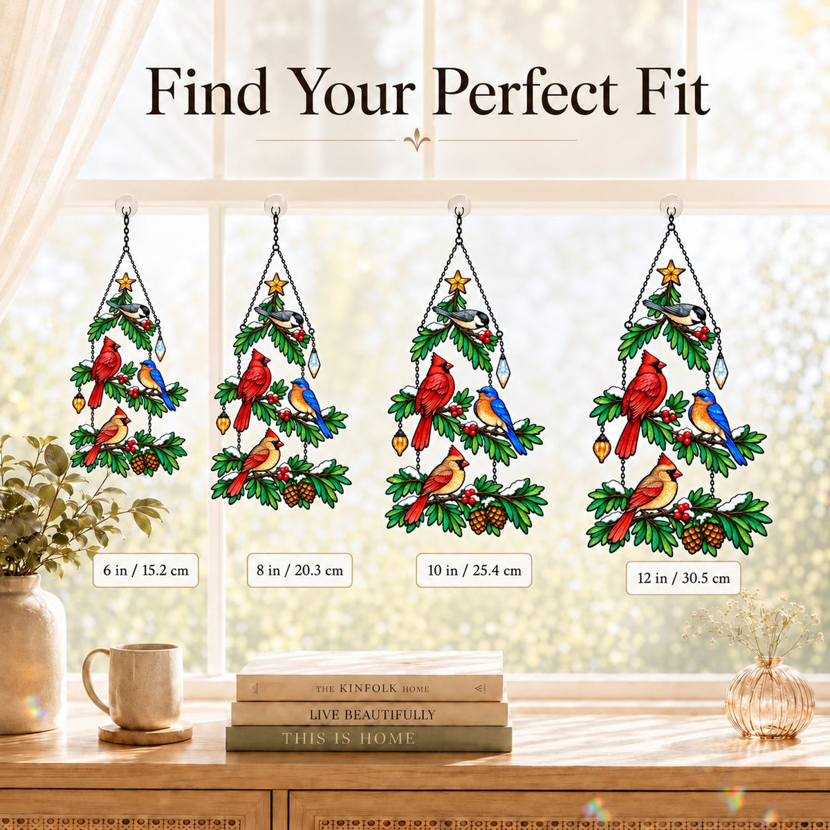 Cardinal & Bluebird Christmas Tree Holographic Acrylic Suncatcher