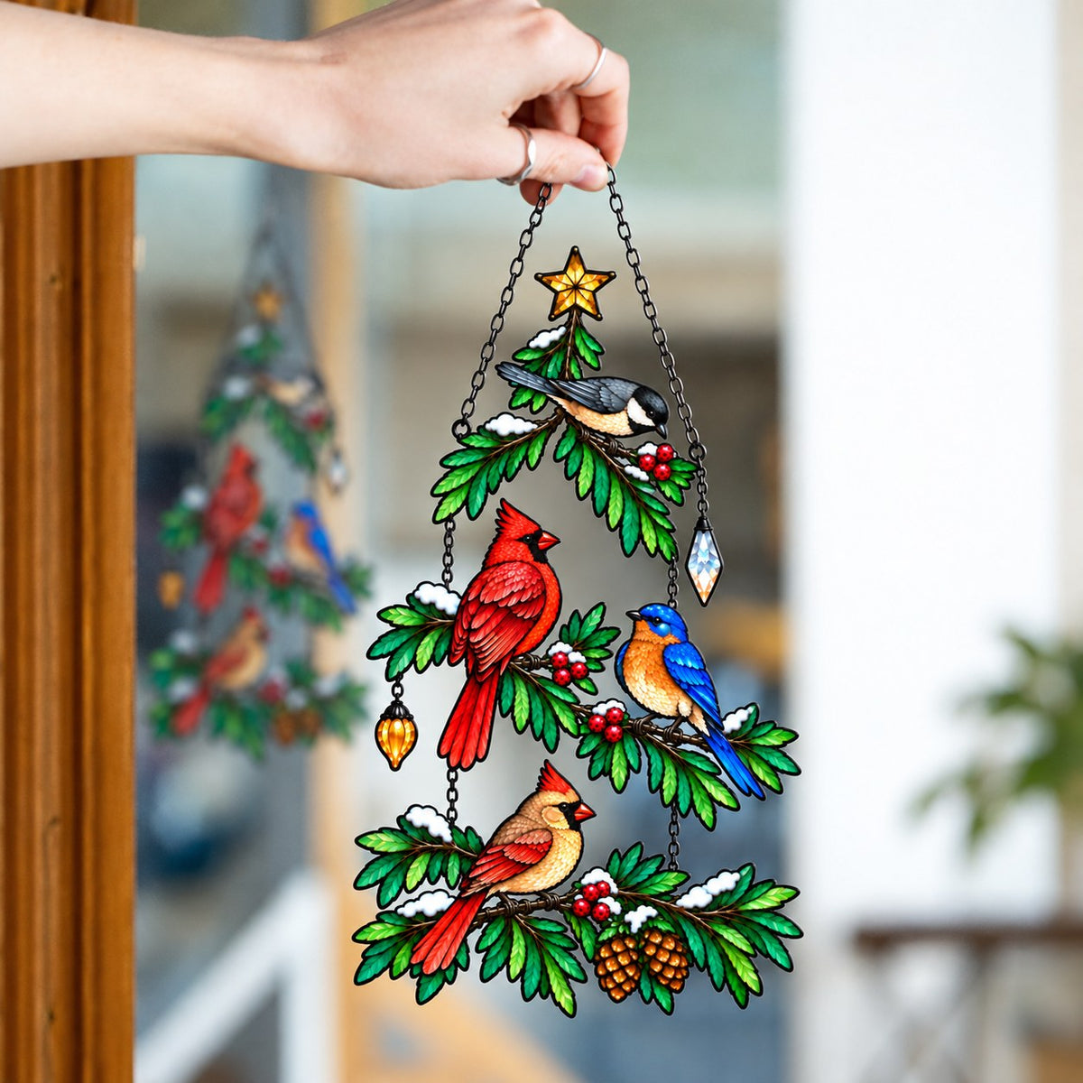 Cardinal & Bluebird Christmas Tree Holographic Acrylic Suncatcher