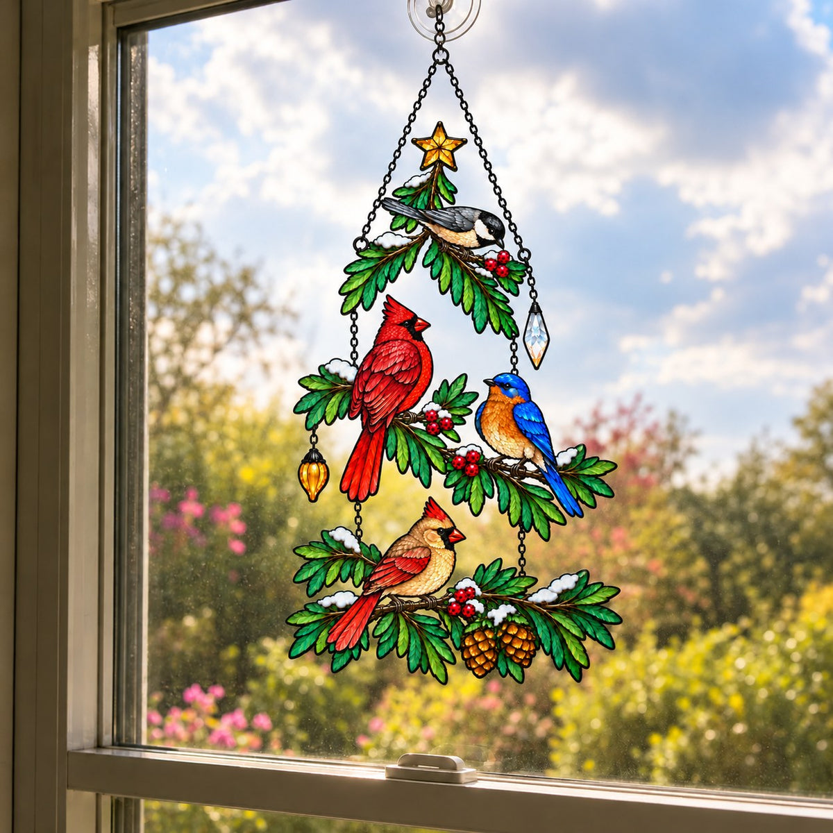 Cardinal & Bluebird Christmas Tree Holographic Acrylic Suncatcher