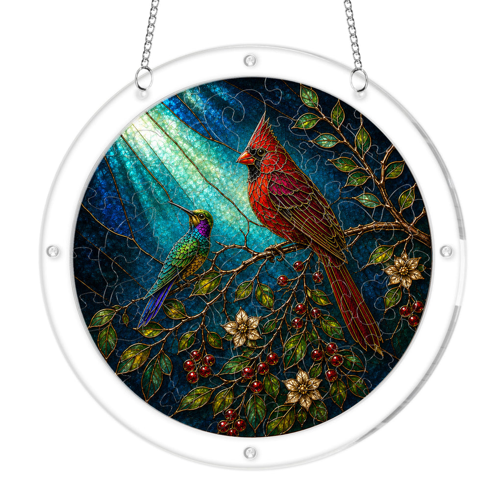 Cardinal on a branch acrylic puzzle suncatcher, colorful DIY window decor