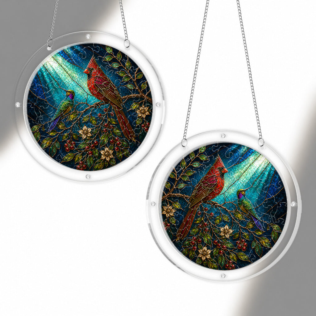 Cardinal on a branch acrylic puzzle suncatcher, colorful DIY window decor