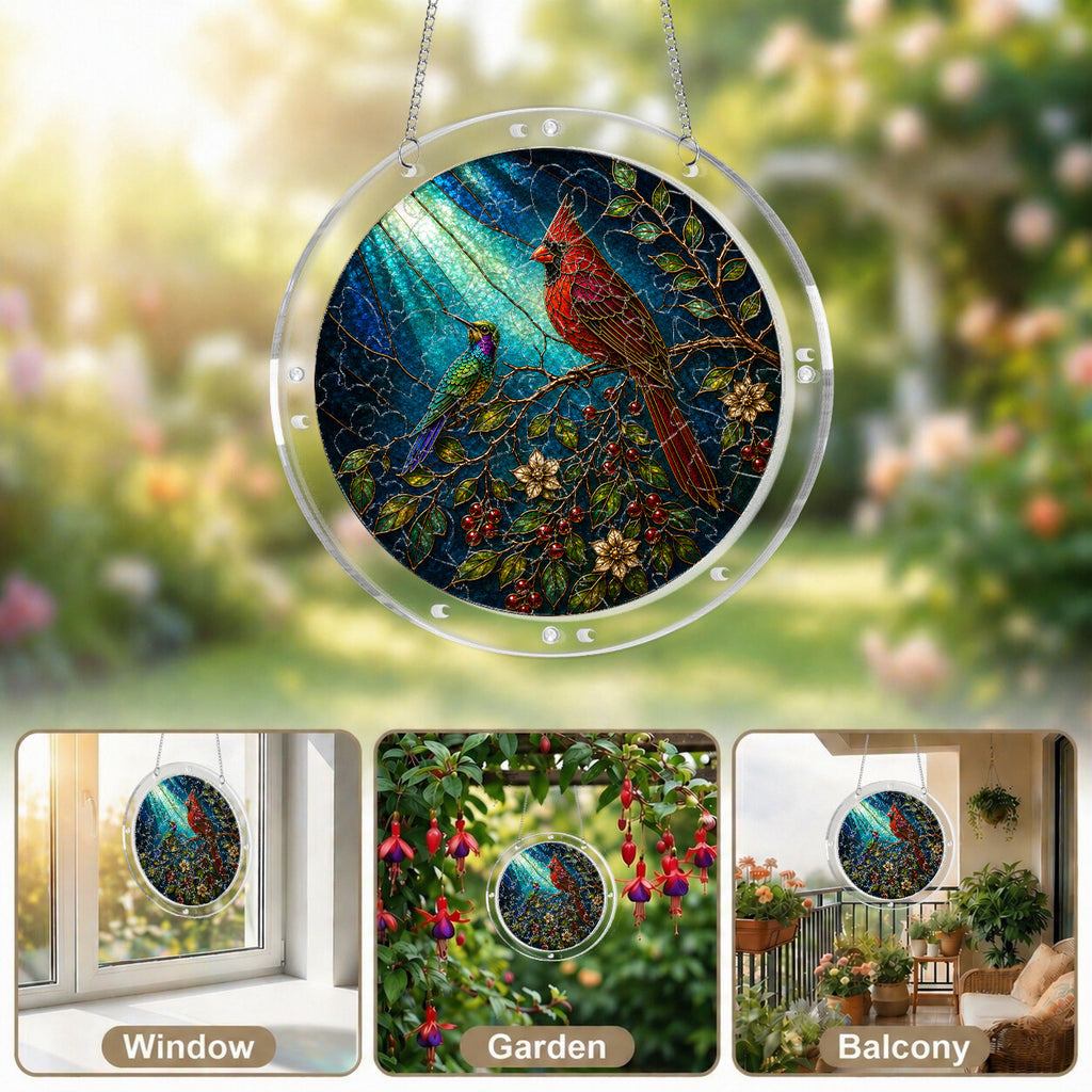 Cardinal on a branch acrylic puzzle suncatcher, colorful DIY window decor